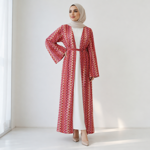 Loriya Muslim Abaya for <strong>Women</strong> Crochet Knit Cardigan <strong>Kimono</strong> Ramadan Hijab Dress Elegant Chevron Pattern Full Sleeve Long Kaftan - Product Image 3