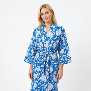 Bata Kimono Floral 100% Algodón para Mujer, Larga, Cuello en V, Manga Tres Cuartos, Suave, Transpirable, Elegante, Informal, para Primavera - Product Image 1