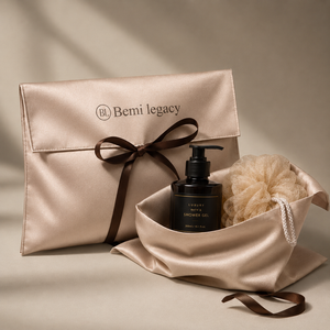 Champagne Satin Gift Bag & <b>Black</b> Satin Pouch Drawstring Ribbon Closure Biodegradable for Spa Bath Set Luxury Retail Packaging - Product Image 1