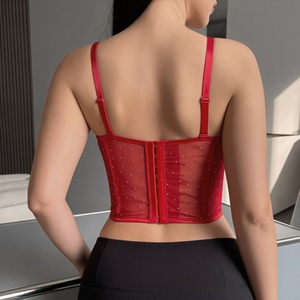 Corsé retro de malla transparente con ballenas y lentejuelas para mujer, faja reductora roja brillante sin costuras. - Product Image 3