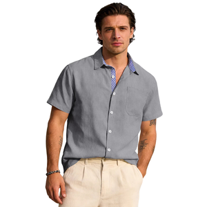 Camisa de Vestir de Manga Corta para Hombre, Corte Entallado, Mezcla de Algodón y Lino, con Botones y Bolsillo en el Pecho, para Uso Casual de Verano - Product Image 2