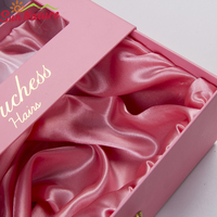 Boîtes d'emballage personnalisées de luxe pour extensions de cheveux roses, boîtes à tiroirs coulissants pour extensions de cheveux, boîte d'emballage pour extensions de cheveux avec sac en satin pour extensions de cheveux