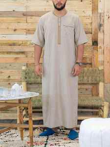 <b>Men's</b> Gray Cotton <b>Thobe</b> Short Sleeve Embroidered Casual Ankle Length Loose Fit Daily Wear Middle East Style - Product Image 2