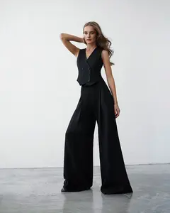 Chic Summer Office Leisure Black Cotton Linen Co Ords eleganti gilet senza maniche Palazzo Pants Women Matching Sets