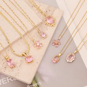 Hot sale gold plated pink crystal flower Geometric pendant necklace CZ Rhinestone clavicle chain pendant necklace for women