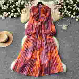 Vestido Midi con estampado al óleo para mujer, vestido elegante Vintage francés para mujer, vestidos de gasa con estampado de cintura y manga larga - Product Image 6
