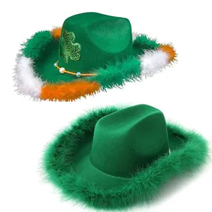 Saint Patricks Day Shamrock Green Party Irish Cowboy Hat St patrick's Day Fluffy Feather Brim Cowgirl Cap