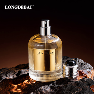 Botella de Perfume Personalizada de Lujo, Vacía, Transparente, Rayada, de 100 ml, Redonda, de Vidrio, con Etiqueta Metálica - Product Image 5