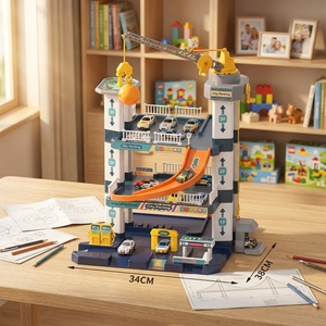 Jeu de Piste de Course pour Voitures avec <span class=keywords><strong>Garage</strong></span> de Stationnement Urbain à 3 Niveaux à Monter Soi-Même, Grue à Manivelle, Alimenté par Piles AA, en Plastique - Product Image 2