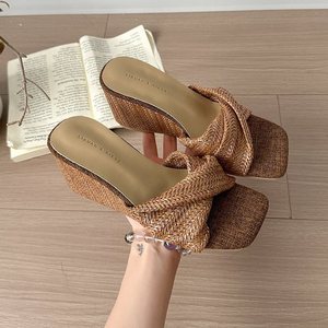 Brown Casual White Style Wedge Resort <b>Sandals</b> Open Toe Flat <b>Sandals</b> for Women Outdoor Woven Versatile Square Toe Retro - Product Image 2