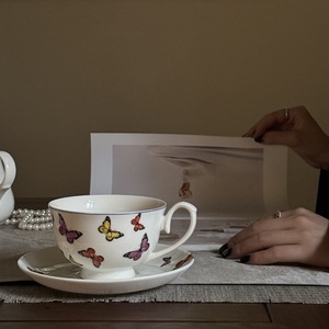 Italian-style White Porcelain Demitasse Set with Delicate Butterfly Motif Reusable 250mL <b>Cups</b> & <b>Saucers</b> - Product Image 6