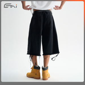 Personnalisé 100% Coton Garçons Recadrée Jorts Lâche Jambe Droite <span class=keywords><strong>Noir</strong></span> Soleil Délavé Lavé Bord Brut Denim Shorts Baggy Streetwear Été - Product Image 6