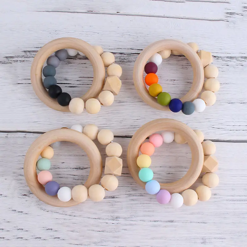 Baby Chewable Silicone Beads Teether Bracelet Teething Sensory Bracelets Natural Wooden Ring Rattles Toys