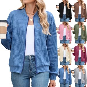 เสื้อเบสบอลผู้หญิง แขนยาว คอโอ ทรงหลวม สีพื้น ผ้าถักนุ่ม โพลีเอสเตอร์ สำหรับฤดูใบไม้ร่วงและฤดูหนาว รุ่นใหม่ ปิดด้วยซิป - Product Image 1