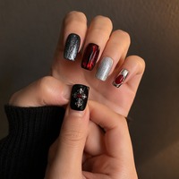 Lot de 10 faux ongles carrés courts à presser, motifs mixtes gothiques (croix, toile d'araignée, œil de chat), couverture complète, pour femmes
