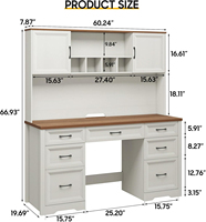 Bureau de direction style ferme avec huche et 7 tiroirs, blanc rustique, grand poste de travail pour chambre et bureau
