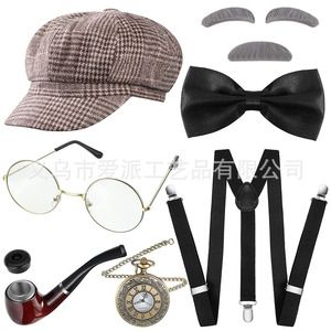 British Retro Hat Pipe Pocket <b>Watch</b> Suspenders Bow Tie Mustache Halloween Costume Props Men's Party <b>Set</b> - Product Image 3