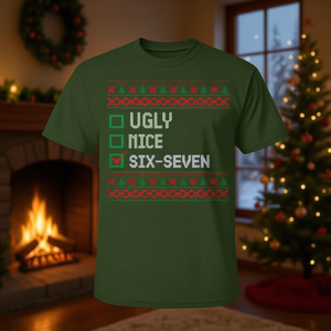 Camiseta con diseño de suéter navideño feo, Six Seven Meme, diseño navideño divertido y travieso, color verde - Product Image 3