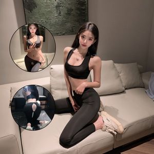 Ensemble de lingerie sexy taille haute, col rond, sans manches, 2 pièces, tenue de yoga élastique avec découpes, extensible dans les quatre sens, pour femme professionnelle - Product Image 3