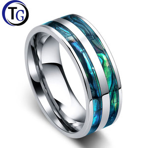 TG Edelstahl ring <span class=keywords><strong>Abalone</strong></span> <span class=keywords><strong>Shell</strong></span> Inlay Doppel geriffelter Modeschmuck Hand getragen - Product Image 1