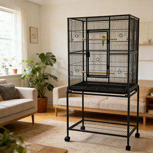 Orta Boy Uçma Kuşu Kafesi, Kanarya İspinoz Kafesi, Çıkarılabilir Standlı, Ferforje Orta Boy Papağan Kafesi, Ahşap Tüneklerle - Product Image 2