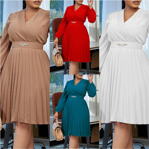 Vestidos de Último Diseño D497 para Mujer, Elegantes, Cuello en V, Color Sólido, Manga Larga, Plisados, Estilo Africano, para Oficina - Product Image 2