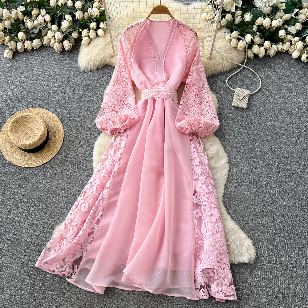roman lace dresses Summer Roman V-Neck Casual Maxi Dress for Women Lantern Sleeve Empire Lace  Dress| Alibaba.com