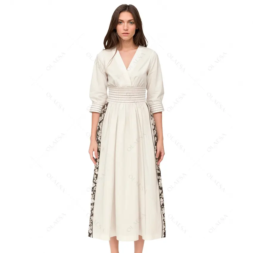 ODM OEM Pre-order Cotton V-Neck Three Quarter Lace inset Shirred Tight Waist A-Line Dress