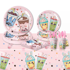 Milk <b>Tea</b> Themed <b>Party</b> Decorations Disposable Plates Cups Napkins Tablecloths Cutlery <b>Set</b> For Birthday Celebration - Product Image 1