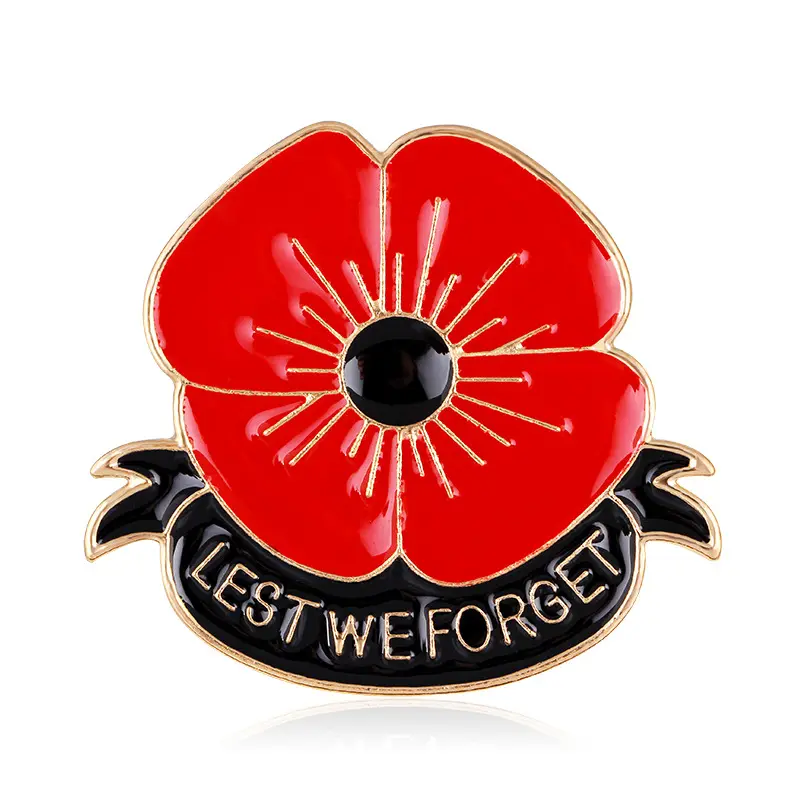 "Lest We Forget" Enamel Red Poppy Brooch Pin Badge Golden Flower Remembrance Day Gift