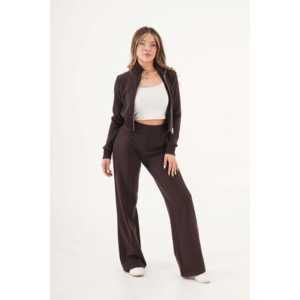 Cárdigan Corto con Cierre y Detalles Acanalados para Mujer, Color Café, Venta al Por Mayor - Product Image 1