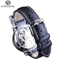 Forsining Silbernes Gehäuse Skelett-Uhrwerk Schwarze Rote Zeiger Echtleder-Armband Automatikuhren für Herren Transparente Uhr
