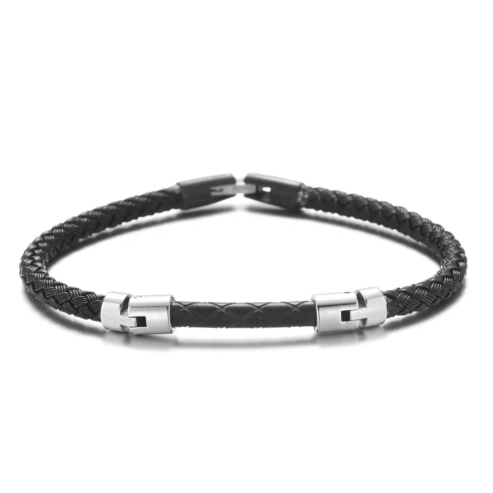 REAMOR High Polished Men Luxury 316L Stainless Steel Knight Black Snake Skin Cool Jewelry Leather Bracelet for Men and Women DIY