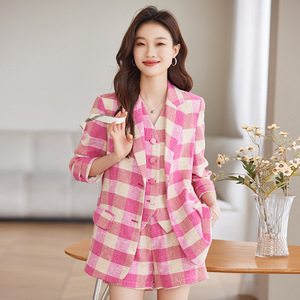 Women's Plaid Suit Set Pink Checkered Three Piece Casual Wear Spring 2024 Anti Wrinkle Flannel Jacket Pants Set - Product Image 1