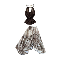 Ensemble deux pièces pour femme, haut sans manches à col halter imprimé et jupe à volants, coupe ajustée, pour les vacances d'été
