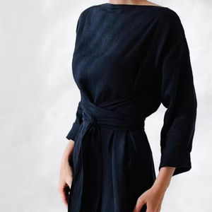 Nouvelle robe longue en coton et lin à manches longues et col unique avec laçage, collection 2025 – Offre Spéciale - Product Image 2