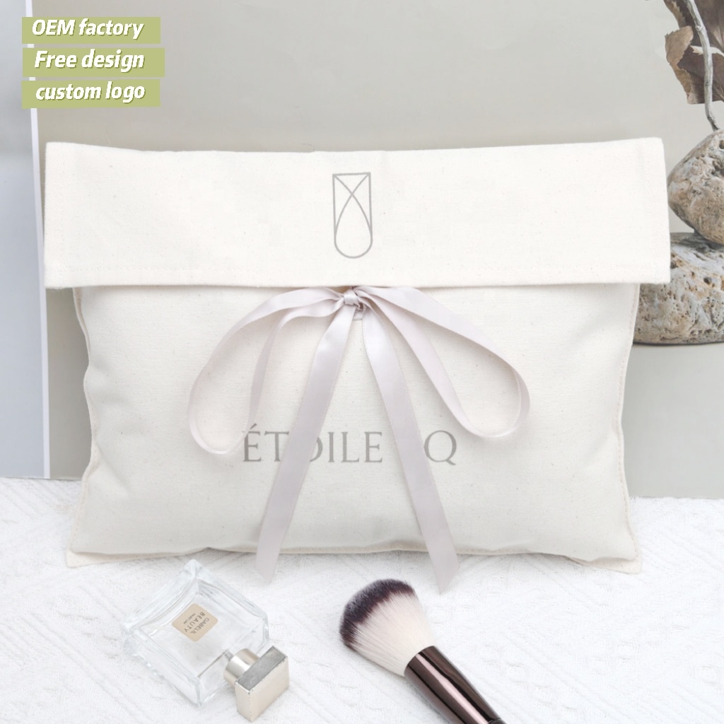 Black Canvas Envelope Clothes Packaging Shopping Bag With Ribbon Printed Cotton Gift Flap Dust Bag