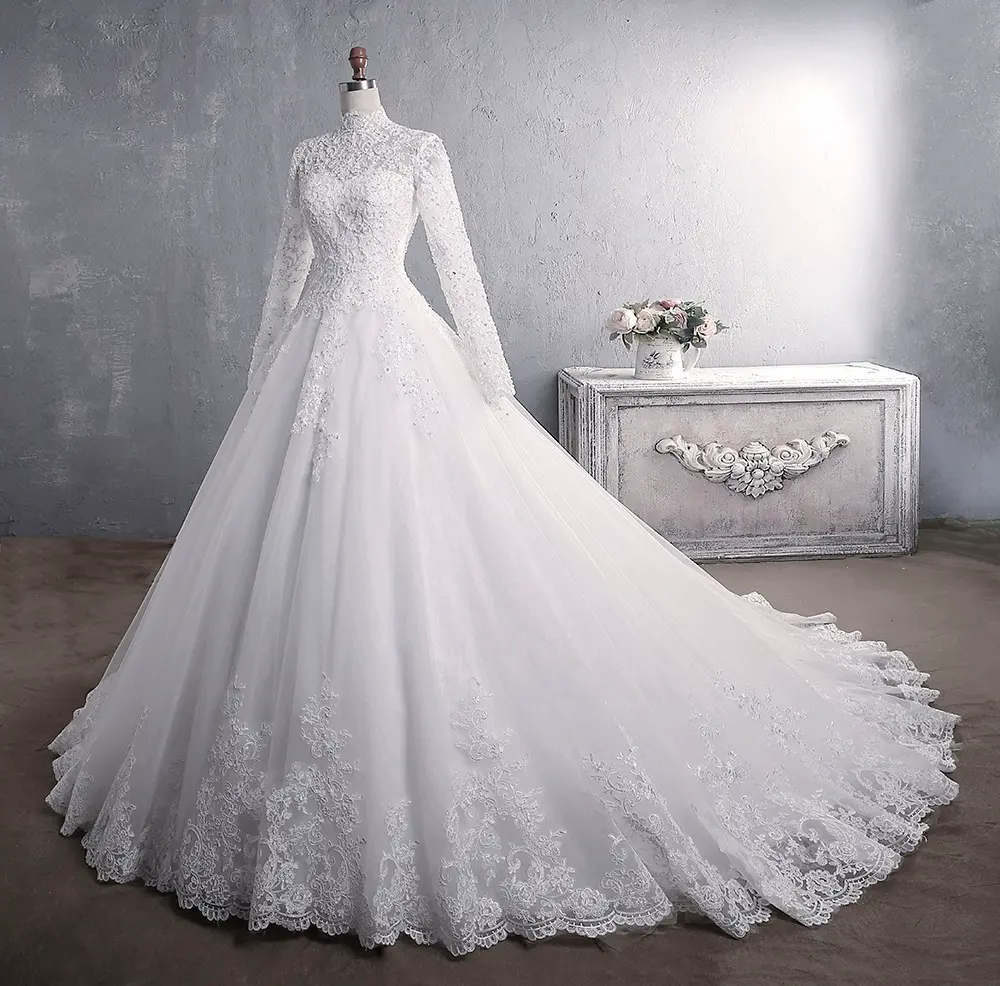 WD-404 Floral Print lace Wedding Dress Embroidery Cathedral Train embroidered bridal stylish lace long sleeve wedding dresses