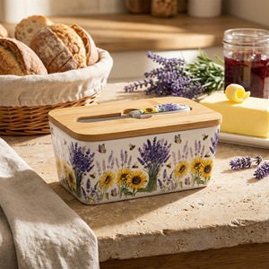 Mantequillera de Cerámica Estilo Campestre Francés con Tapa de Bambú y Cuchillo, Contenedor Rectangular de Porcelana para Lavanda - Product Image 5