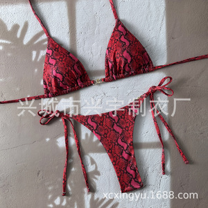 Nuevo traje de baño sexy de dos piezas con estampado de piel de serpiente a la moda para mujer, bikini con tirantes cruzados en el cuello para comercio exterior transfronterizo - Product Image 1