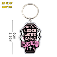 Porte-clés en acrylique en forme de cercueil, motif 'Get in Loser We're Going Haunting with Ghosts & Cross', rose/noir, breloque humoristique effrayante