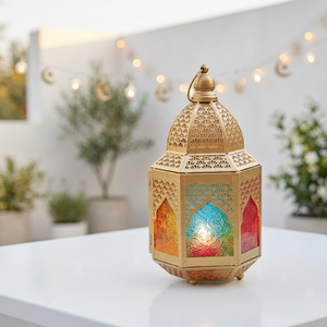 Décorations du Ramadan 2027, centre de table, lanterne à bougie en métal marocain doré avec verre coloré - Product Image 1