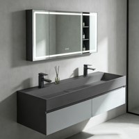 Meuble-lavabo mural de luxe OEM ODM avec lavabo intégré en surface solide, vasque en résine noire pour hôtel et villa