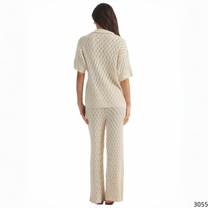 Conjunto de suéter de punto calado texturizado para mujer, camisa de manga corta con cuello tipo campamento y <span class=keywords><strong>pantalones</strong></span> de pierna ancha con cintura con cordón, ropa de resort - Product Image 2