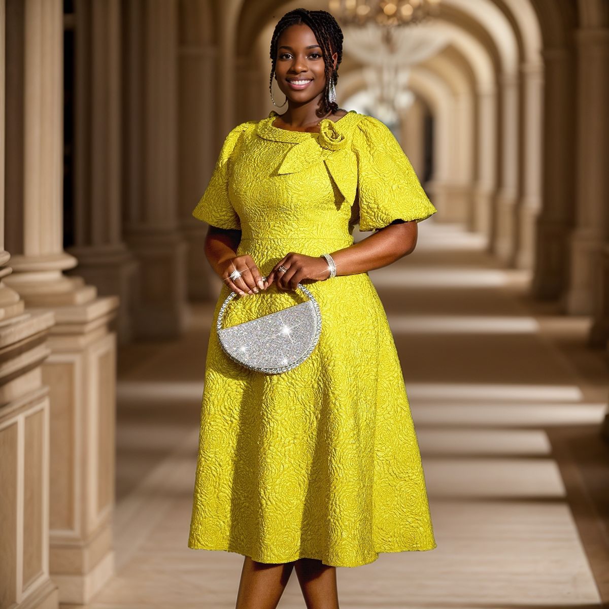 Elegant Yellow Jacquard Dress with 3D Flowers & Puff Sleeves
