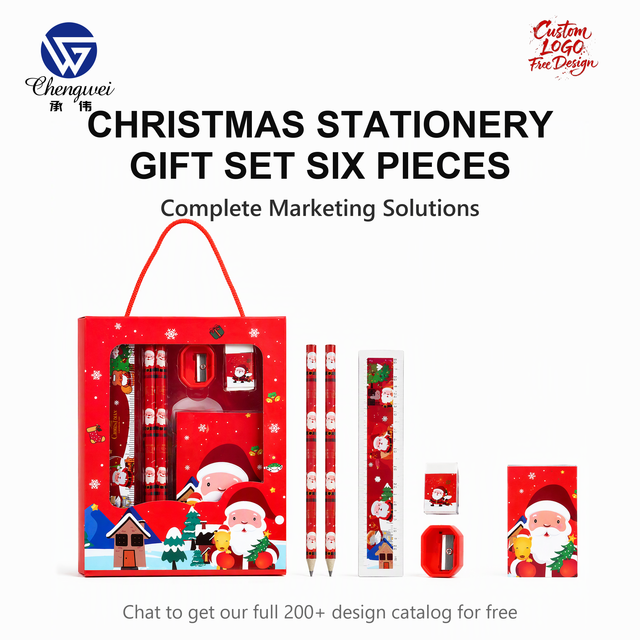 Custom Christmas Stationery Gift Set Six Pieces in Hanging Gift Bag With Pencils Ruler Eraser Sharpener Notepad for School Kids