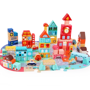 Wooden Building Blocks Toy Little City Builder Assembling Wooden Blocks Kids Early Education Montessori Wooden Toys