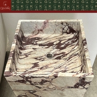Évier autoportant en marbre Calacatta Viola de conception personnalisée GOLDKING, base blanche, veines riches en violet et brun, sculpté avec précision par CNC