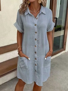 <span class=keywords><strong>Abito</strong></span> chemisier estivo da donna casual 100% cotone, vestito <span class=keywords><strong>midi</strong></span> ampio con bottoni e maniche corte, con tasche, per vacanze e spiaggia, all'ingrosso - Product Image 2