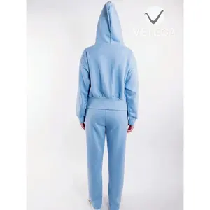 Ensemble de vêtements de sport pour femme Vetega, sweat-shirt à capuche bleu uni, pantalon, fermeture éclair, extensible moyen, confortable, élégant, vêtements de sport - Product Image 4